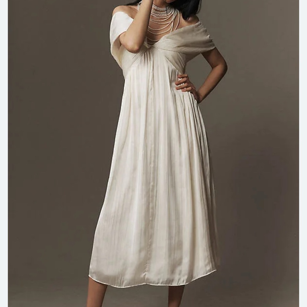 BHLDN IVORY OFF-THE-SHOULDER PLEATED MIDI DRESS (XS)
